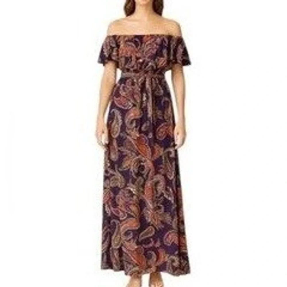Baltic Born Navy Copper Paisley Off the Shoulder Maxi‎ Dress Size XL